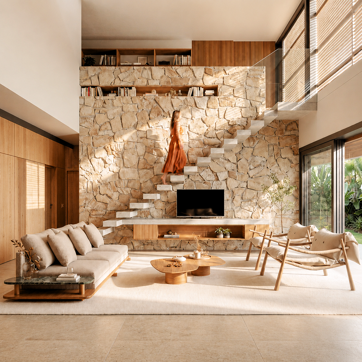 Casa Artur Nogueira: sala com escada diante da parede de pedra natural e luz filtrada pelos brises