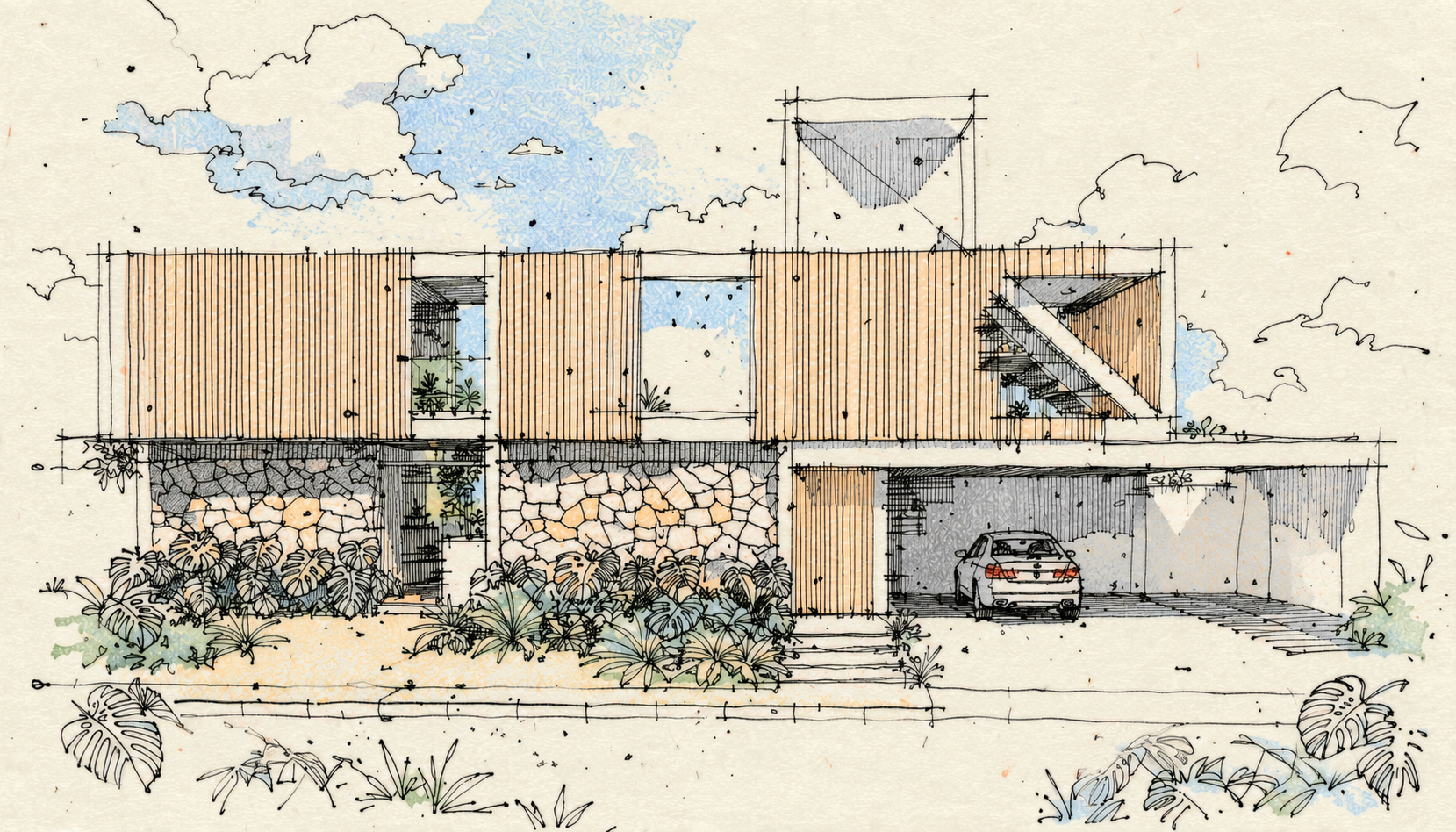 Croqui da fachada e dos dois planos — Casa Artur Nogueira