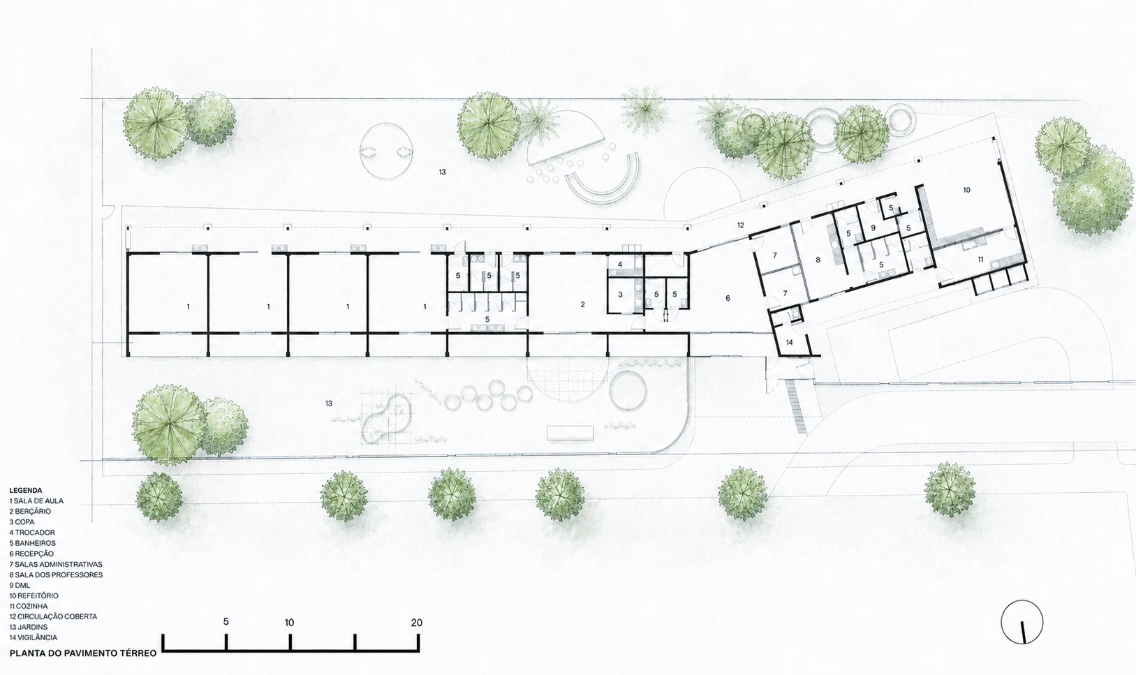 Planta e implantação — Eco Escola Jardim