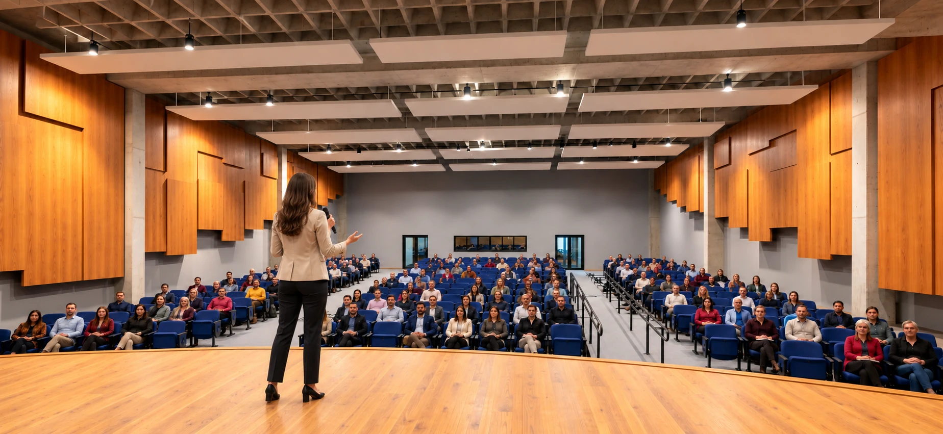 Vista do palco para a plateia, com estrutura de concreto aparente e painéis acústicos suspensos