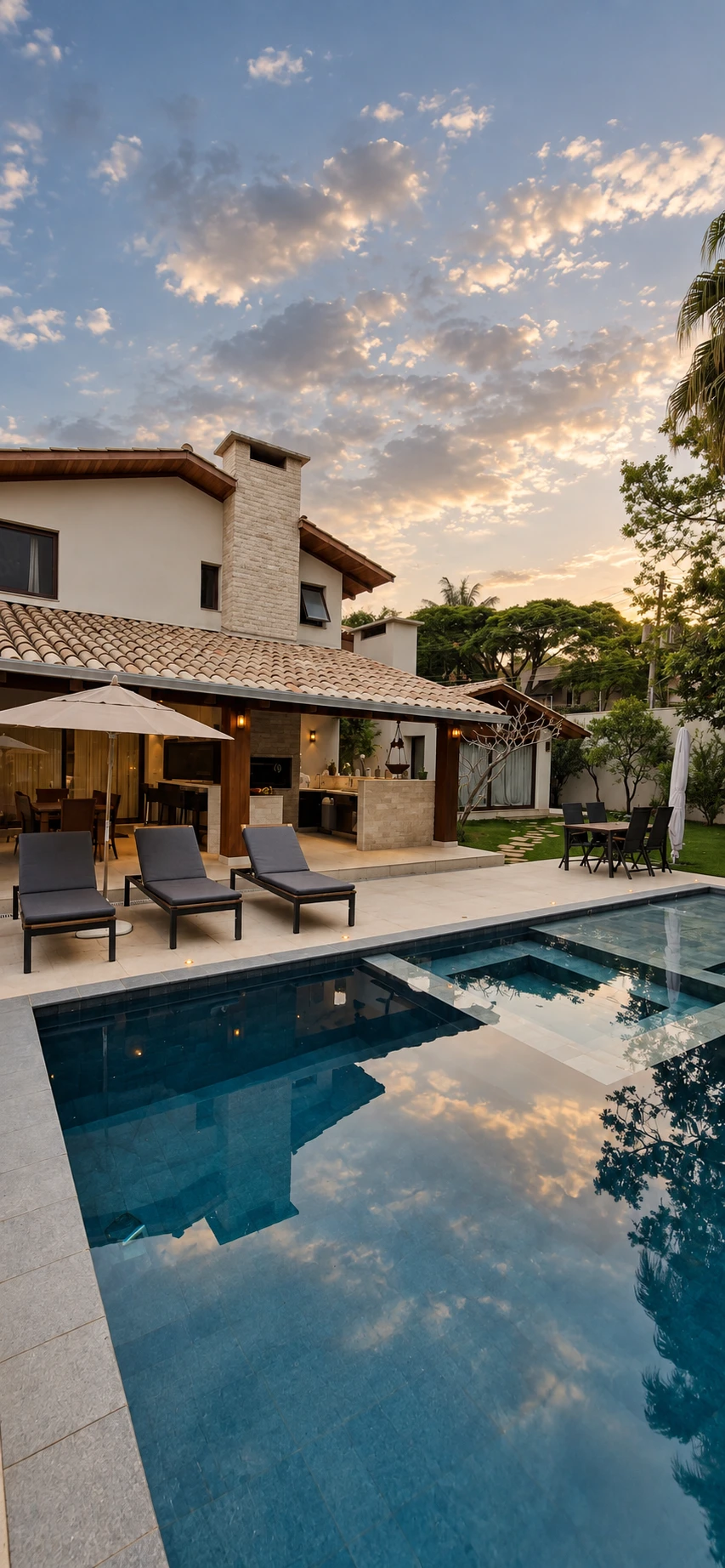 Piscina e área de lazer ao entardecer — Casa Morumbi