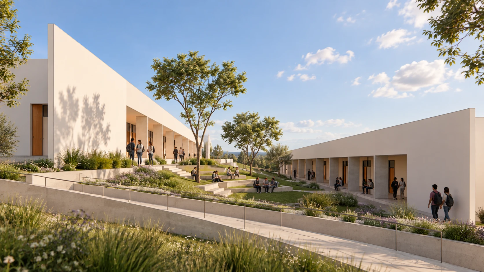 Pavilhões educacionais em patamares e átrio ajardinado em Muzambinho