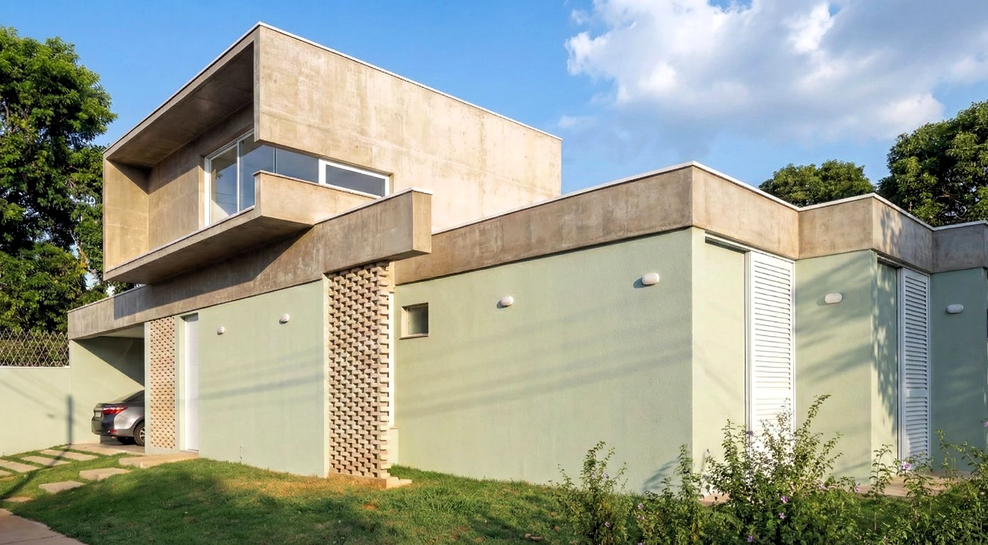 Casa Pátio: caixa superior de concreto, elementos vazados e jardim em lote de esquina