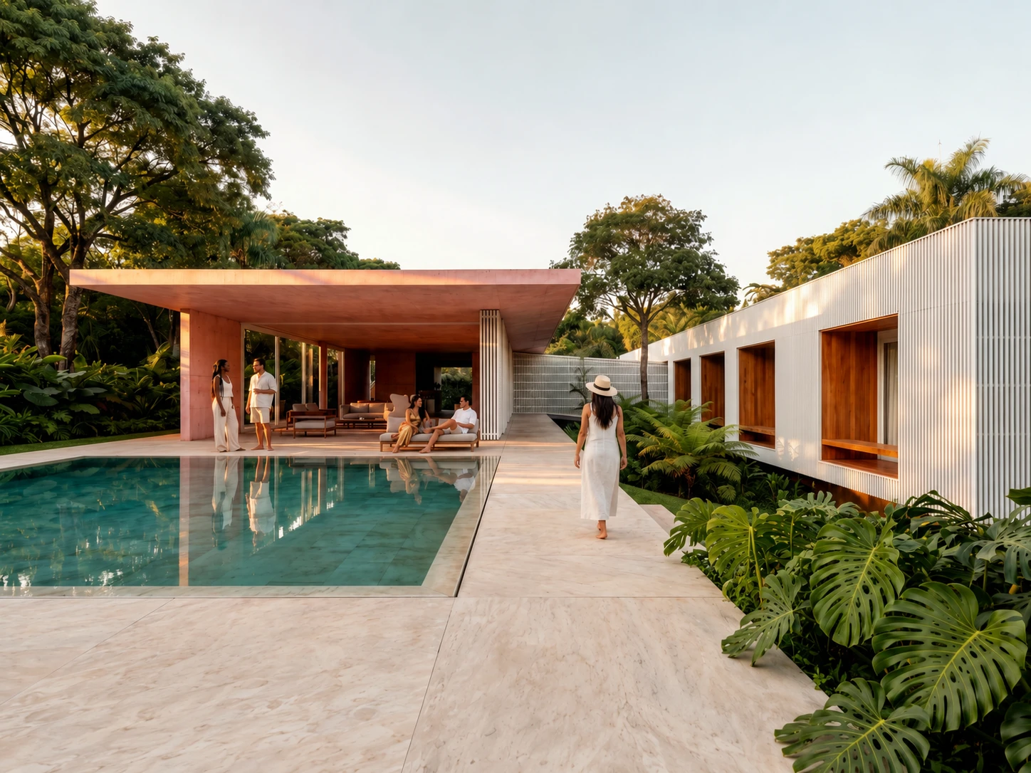 Residência térrea com piscina e espaços integrados ao jardim
